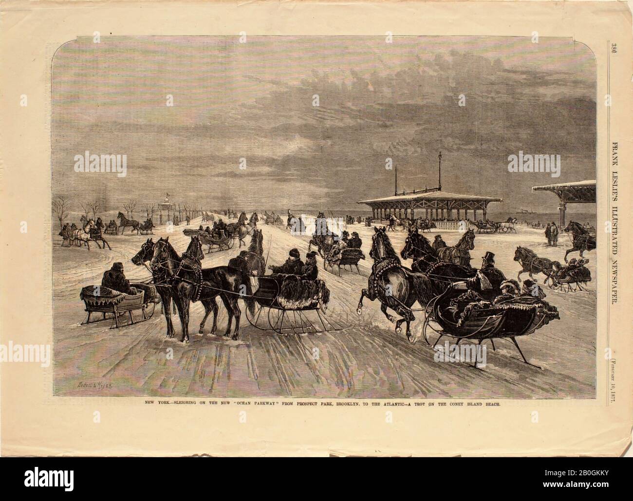 Francis H. Schell, amerikanisch, 1834-1909, Thomas Hogan, (amerikanisch, aktiv zwischen den Jahren 1080 und 1080), New York-Sleighing on the New 'Ocean Parkway' from Prospect Park, Brooklyn, Von Frank Leslies Illustrierter Zeitung, 1877, Holzgravur auf Papier, Bild: 9 3/16 x 13 7/8 Zoll (23,4 x 35,3 cm Stockfoto