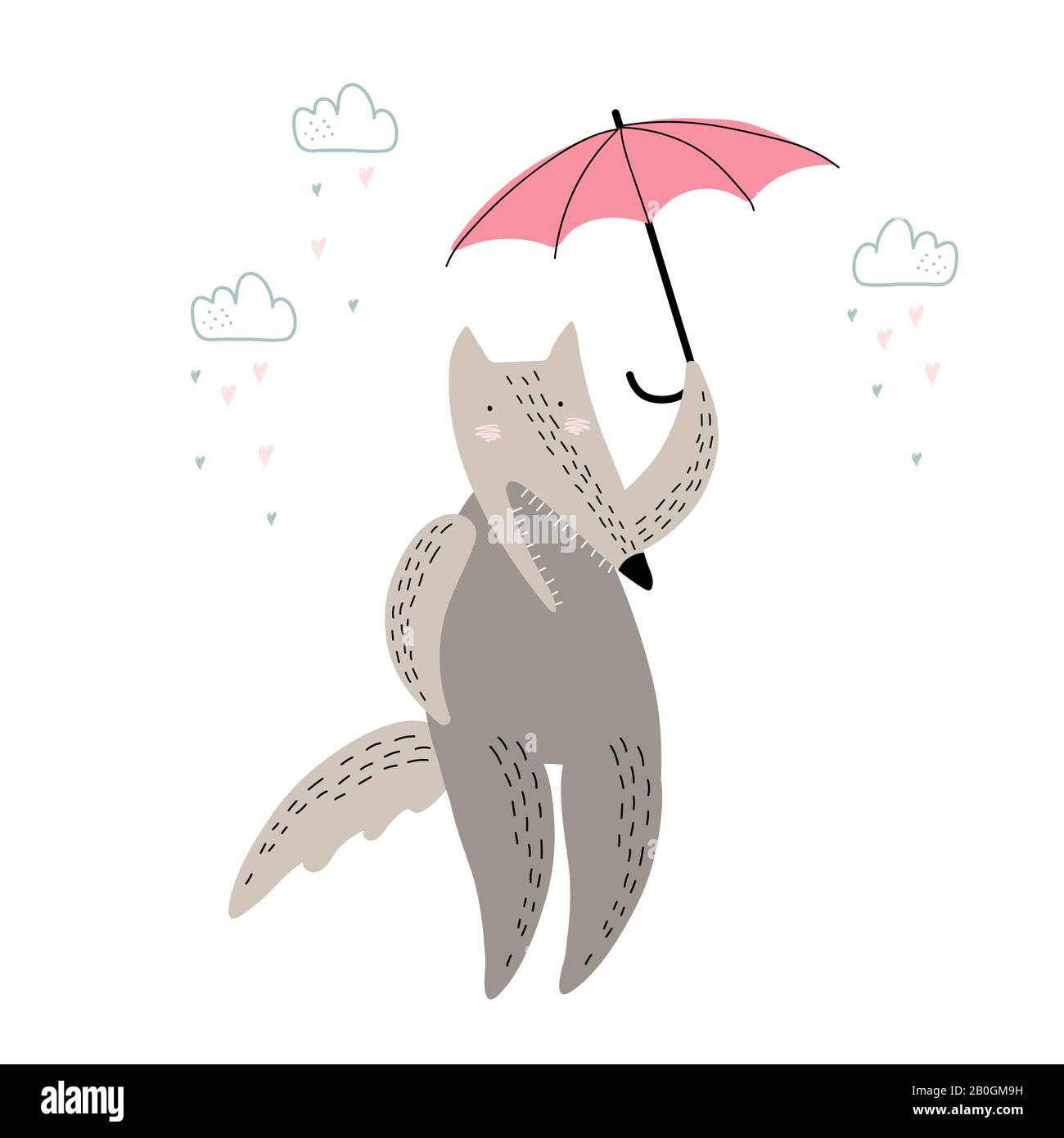 Süßer Wolf mit Regenschirm unter dem Regen isoliert auf Weiß Stock Vektor