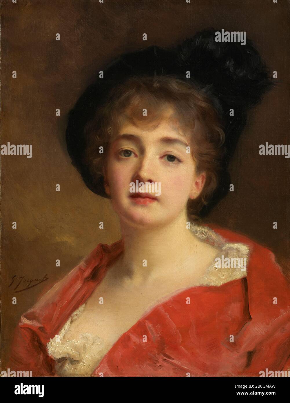 Gustave Jean Jacquet, Französisch, zwischen den Jahren von 1846 und 1909, Frau in Rot, K. 1870-90, Öl auf Leinwand, 13 7/8 x 10 13 / 16 Zoll (35,2 x 27,5 cm Stockfoto