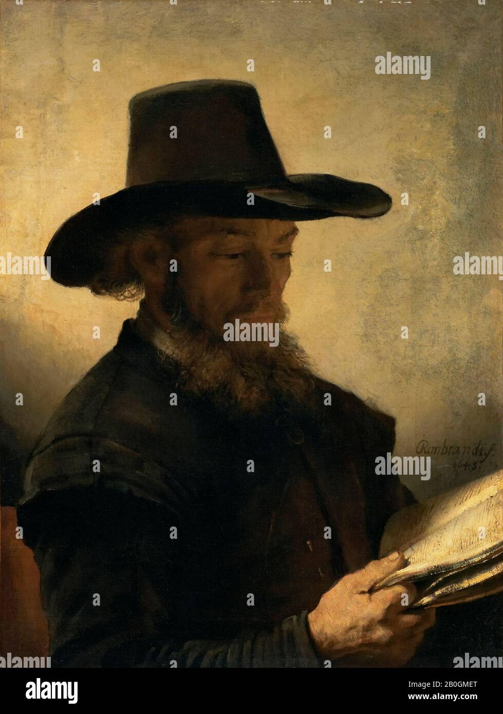 Zugeschrieben an Rembrandt van Rijn, niederländisch, 1606-1669, Man Reading, c 1648, Öl auf Leinwand, 29 3/16 x 22 1/8 Zoll (74,1 x 56,2 cm Stockfoto