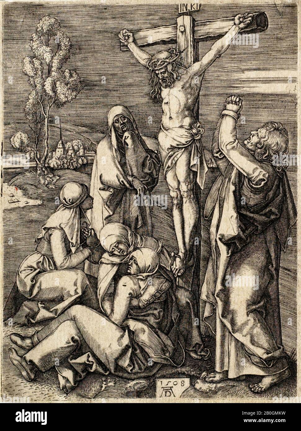 Nach Albrecht Dürer, deutsch 1471-1528, Christus am Kreuz, Nach 1508, Gravur auf Papier, Rand: 5 1/4 x 3 15/16 Zoll. (13,3 x 10 cm Stockfoto