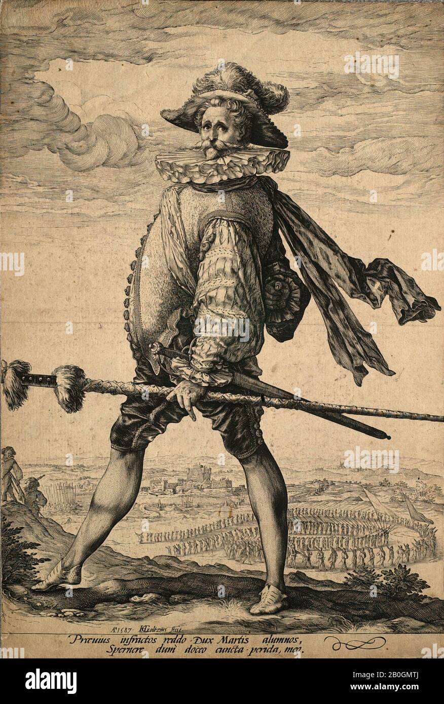 Nach Hendrick Goltzius, niederländisch, 1558-1617, Marschierte Der Hauptmann der Infanterie nach Links, Gravur, Bild: 10 11/16 x 7 1/2 Zoll. (27,1 x 19,1 cm Stockfoto