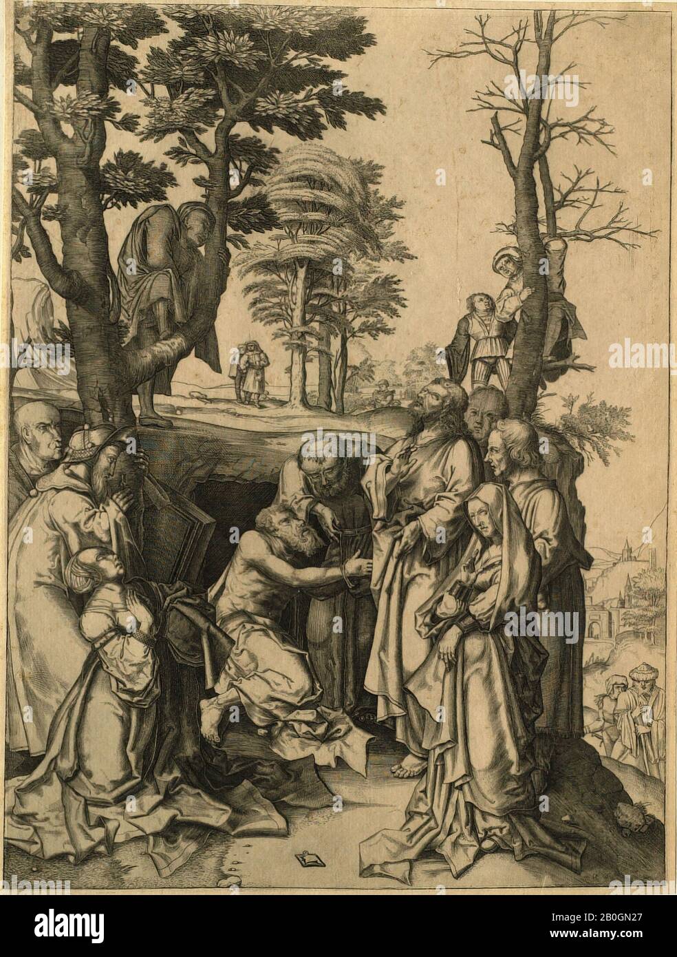 Nachdem Lucas van Leyden, Netherlandish, c 1494-1533, Erhöhung von Lazarus, Gravur, Bild: 10 3/8 x 7 13 / 16 Zoll (26,4 x 19,8 cm Stockfoto