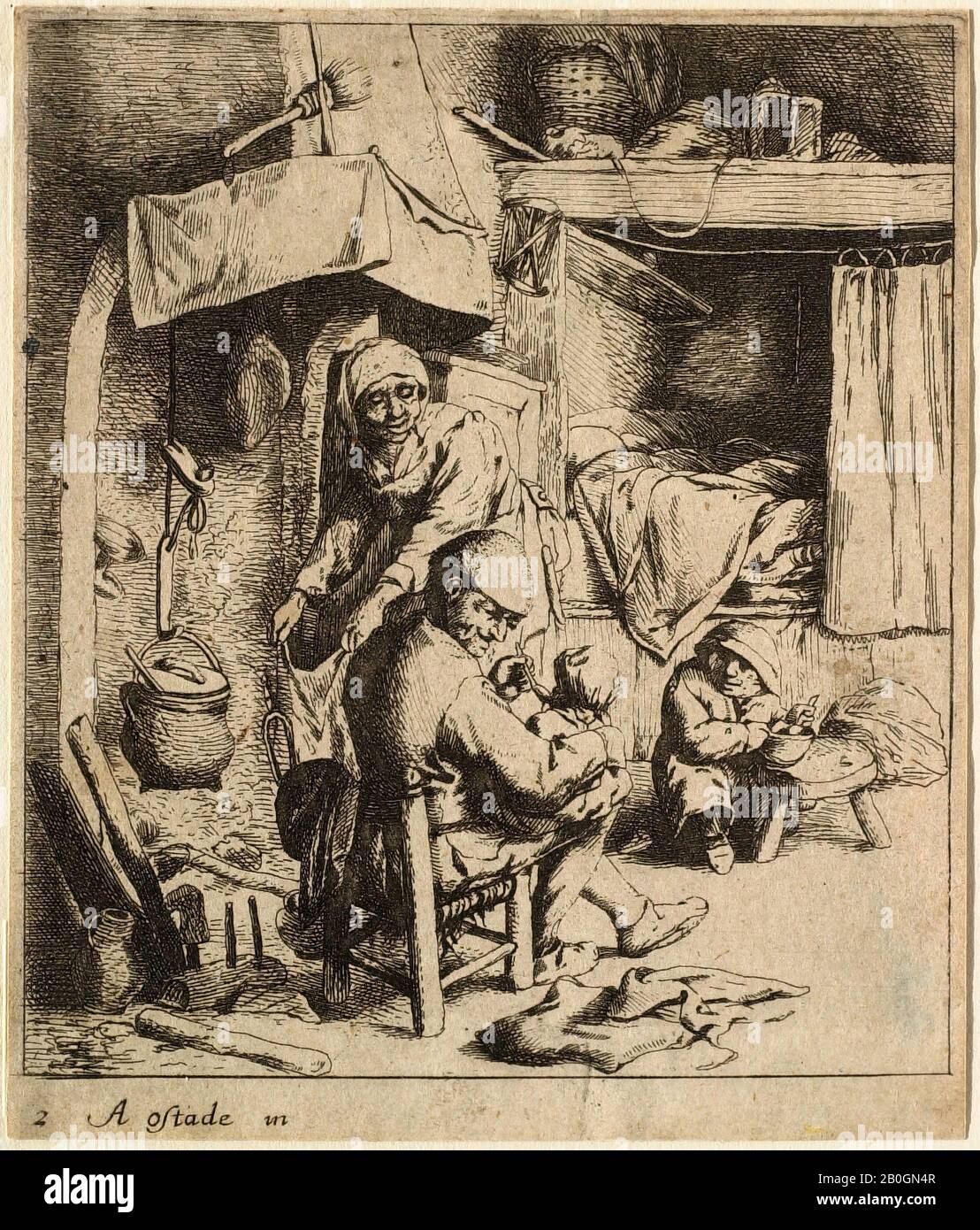 Nach Adriaen van Ostade, niederländisch, 1610-1685, The Pater Familias, 1630-1900, Radierung auf verlegtem Papier, Platte: 4 5/8 x 4 Zoll. (11,8 x 10,2 cm Stockfoto