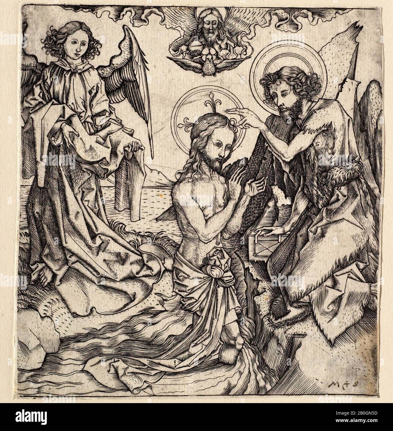 Meister, d. H. Deutsch, 1480-1500, Nach Martin Schongauer (Deutsch, ca. 1430-1491), Die Taufe Christi, 1580-1500, Gravur auf verlegtem Papier, Blatt: 5 3/16 x 4 3/4 Zoll. (13,2 x 12,1 cm Stockfoto