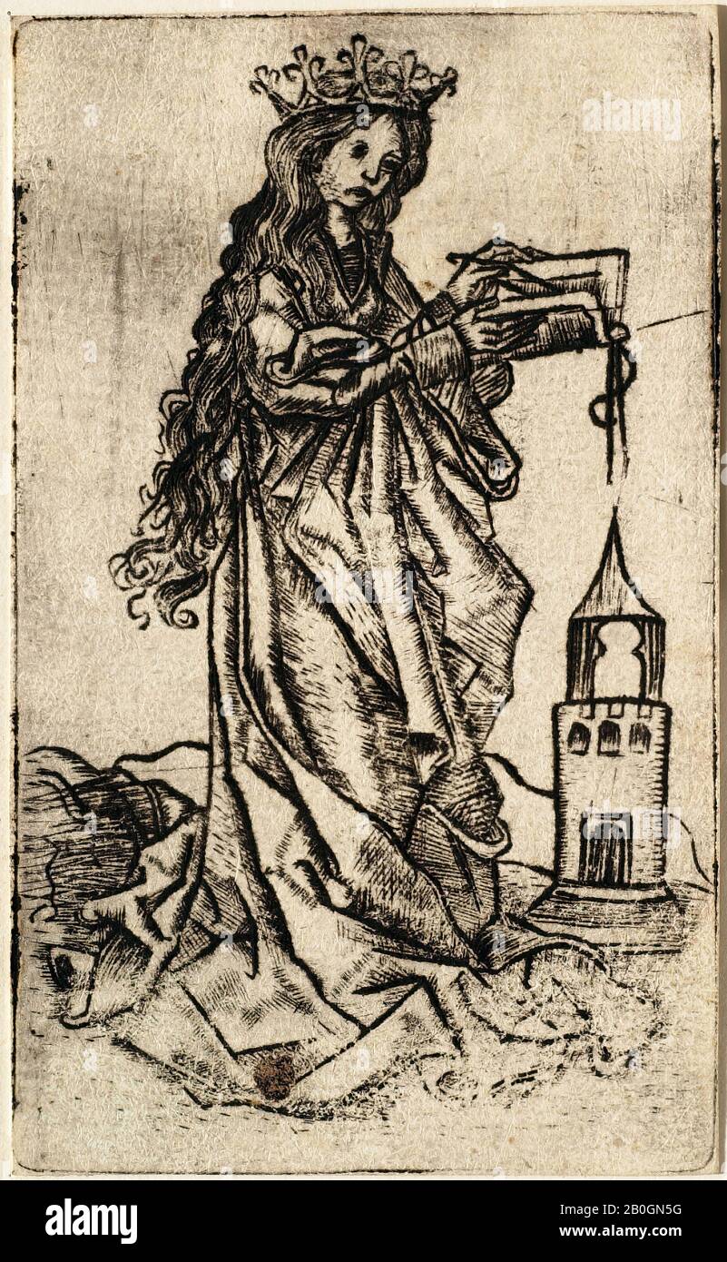 Nachdem Martin Schongauer, Deutscher, c 1430-1491, St. Barbara, 1465-1700, Gravur auf Papier, Blatt: 4 1/8 x 2 1/2 Zoll. (10,5 x 6,3 cm Stockfoto