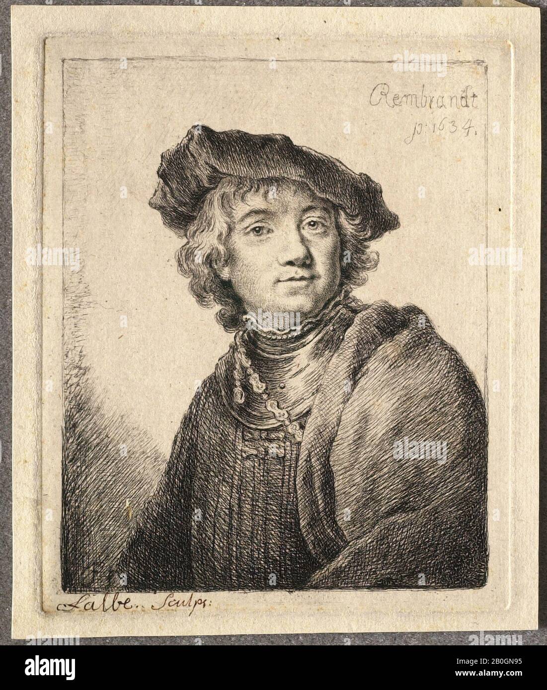 Nach Rembrandt van Rijn, niederländisch, 1606-1669, Porträt eines Mannes, Radierung, Bild: 5 x 4 1/16 Zoll (12,7 x 10,3 cm Stockfoto