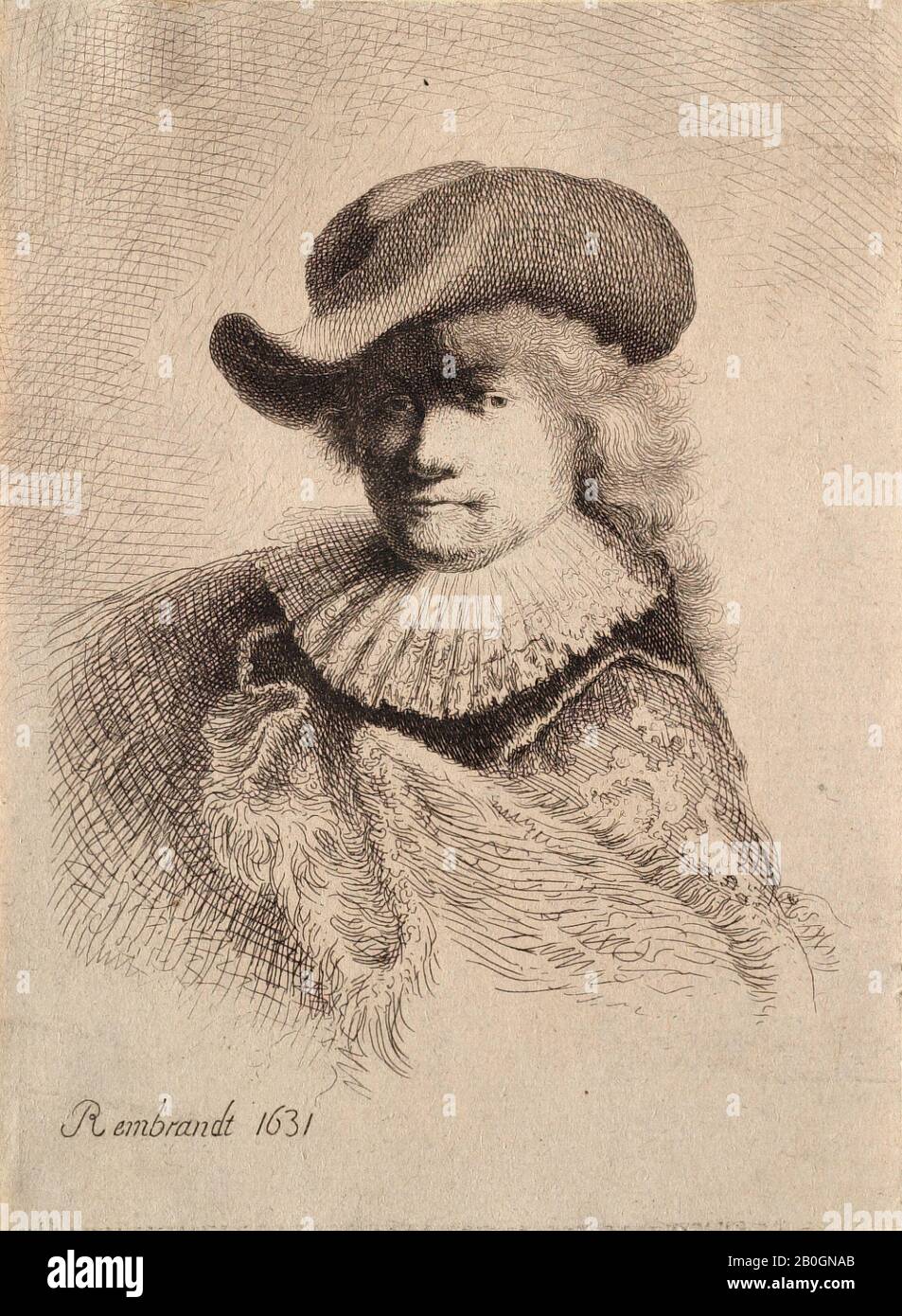 Nach Rembrandt van Rijn, niederländisch, 1606-1669, Selbstporträt in einem weichen Hut und Gestickter Cloak, 1762, Radierung auf Papier, Gesamt: 5 1/2 x 4 Zoll. (13,9 x 10,2 cm Stockfoto