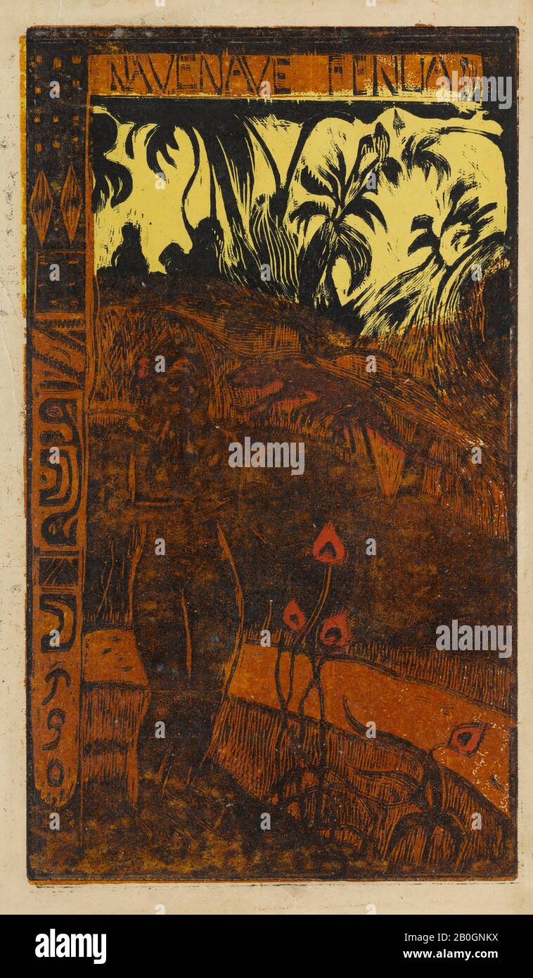 Paul Gauguin, Französisch, 1848-1903, Kirchenschiff Fenua (Entzückendes Land), Aus Noa Noa, Frühjahr/Sommer 1894, Holzschnitt in schwarz, dunkelorange und gelb, mit Schablonen in Rot, auf beigefarbenem Taubenpapier, Bild: 14 3/16 x 8 1/4 Zoll. (36 x 20,9 cm); Stockfoto