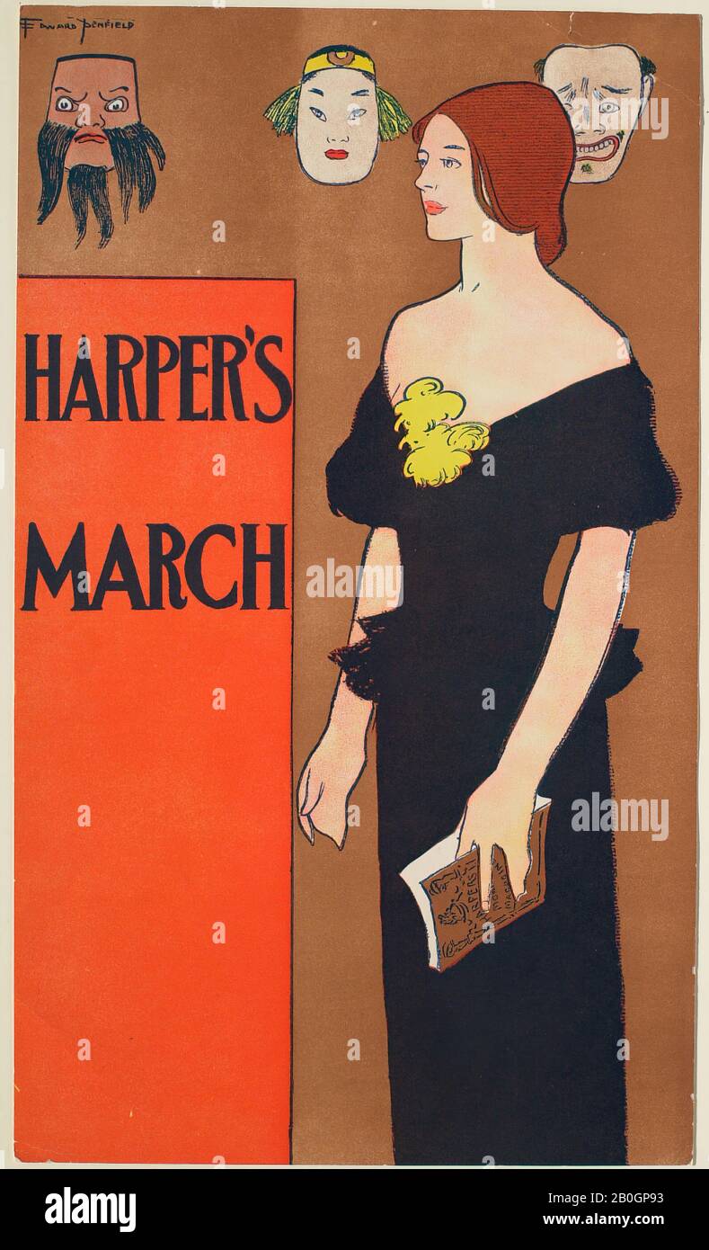 Edward Penfield, Amerikaner, 2001-1925, Standing Girl with Book, 3 Masken on Wall, March Harper's, 1885-1915, Zincograph on Paper, Blatt: 18 1/2 x 10 7/8 Zoll. (47 x 27,7 cm Stockfoto