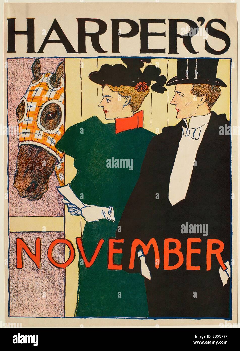 Edward Penfield, amerikanisch, 61-1925, Lady and Gentleman Outside Horse Stall, November Harper's, 16-19-198, Zincograph on Paper, Blatt: 16 1/4 x 11 3/4 in. (41,3 x 29,8 cm Stockfoto