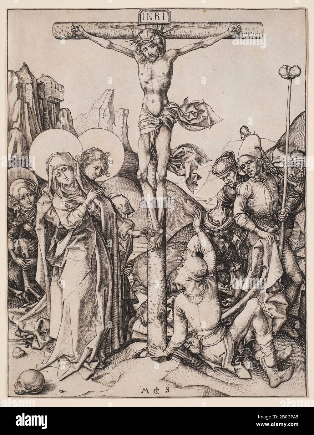 Martin Schongauer, Deutsch, K. 1430-1491, Christus am Kreuz, c 1480, Gravur auf Papier, Gesamt: 7 3/4 x 6 Zoll (19,7 x 15,2 cm Stockfoto