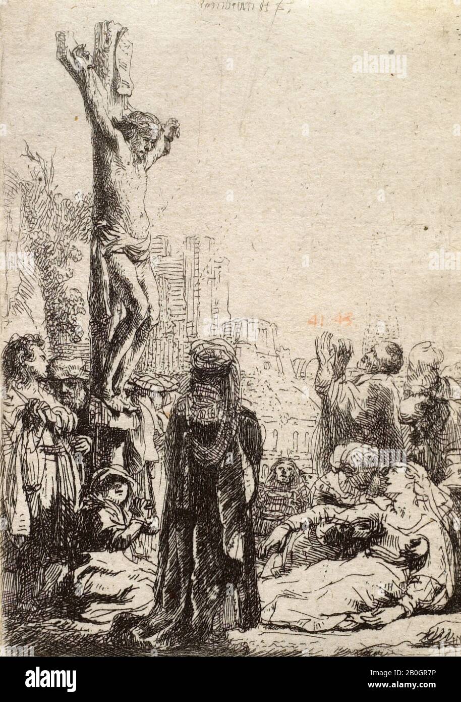 Rembrandt van Rijn, niederländisch, 1606-1669, Kreuzigung, Radierung auf Papier, Bild: 3 11/16 x 2 5/8 Zoll. (9,4 x 6,7 cm Stockfoto