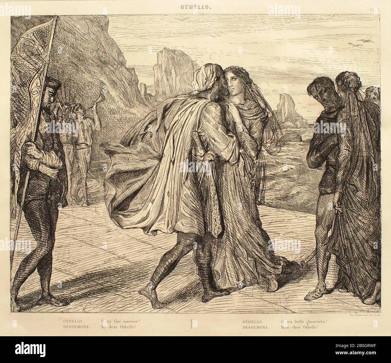 Théodore Chassériau, Französisch, 18-1856, Othello-Suite: Nr. 5 (Akte 2, Szene 1: Othello umarmte Desdemona), 1844, Radierung auf Papier, Bild: 10 7/8 x 13 9/16 Zoll. (27,7 x 34,4 cm Stockfoto