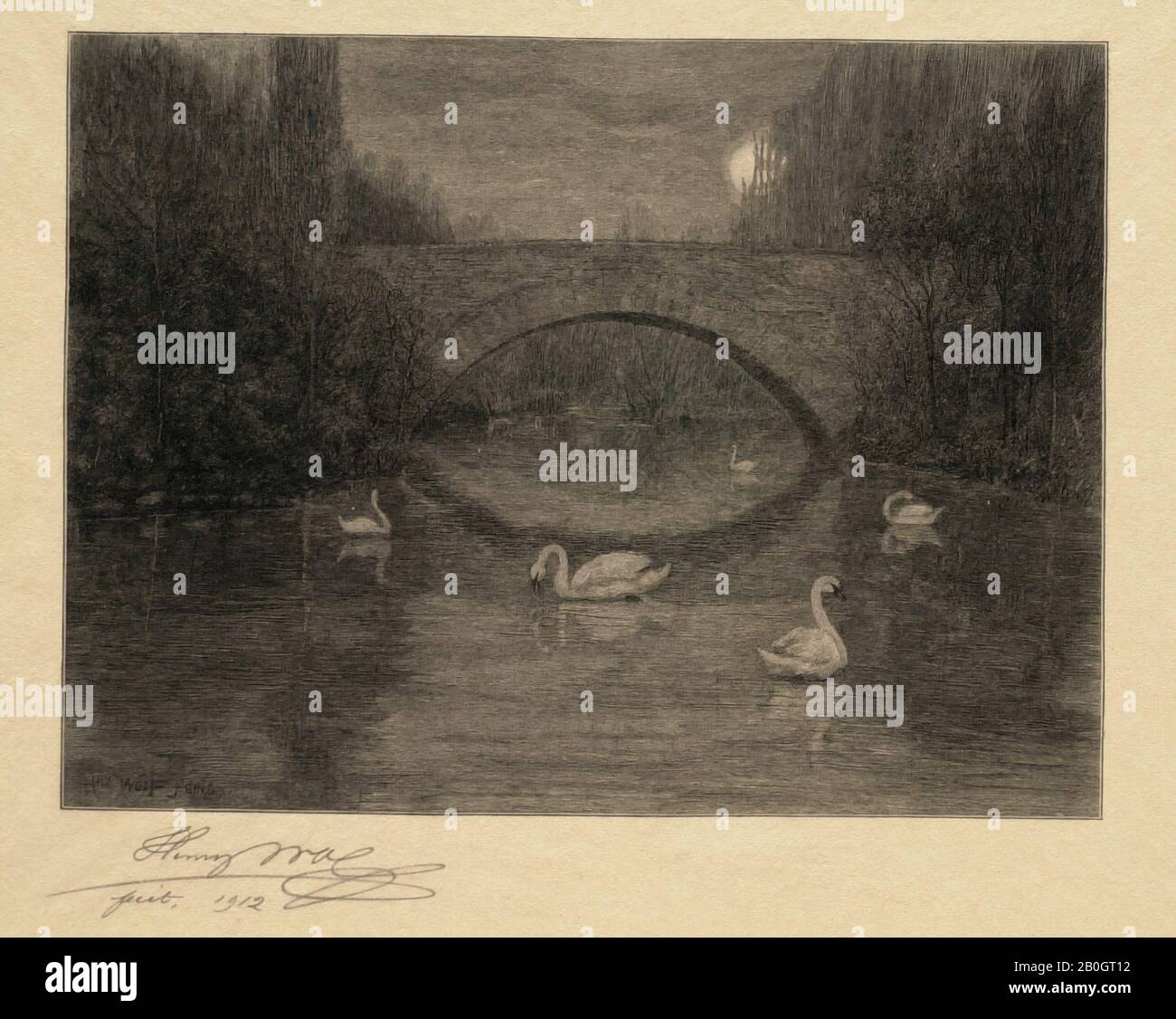 Henry Wolf, amerikanisch, zwischen 1854-10, Abend, Swan Lake, 1912, Holzgravur auf china-papier, Bild: 6 1/4 x 8 1/2 Zoll. (15,8 x 21,6 cm Stockfoto