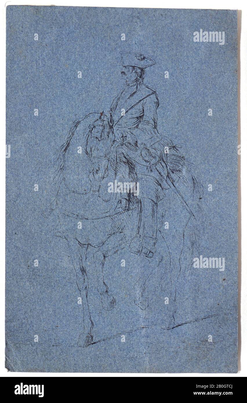 Charles Parrocel, Französisch, 1688-1752, Mounted Soldier, 1698-1752, Stift und Tinte auf blauem Papier, Gesamt: 7 9/16 x 4 7/8 Zoll (19,2 x 12,4 cm Stockfoto