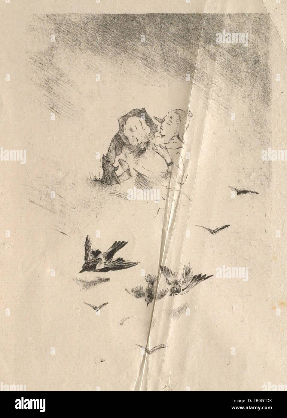 Henri Patrice Dillon, Französisch, 155-10, Femme et home en buste au-dessus d'une volée d'oiseaux, Lithograph on paper, Bild: 5 1/2 x 3 7/8 in. (14 x 9,8 cm Stockfoto