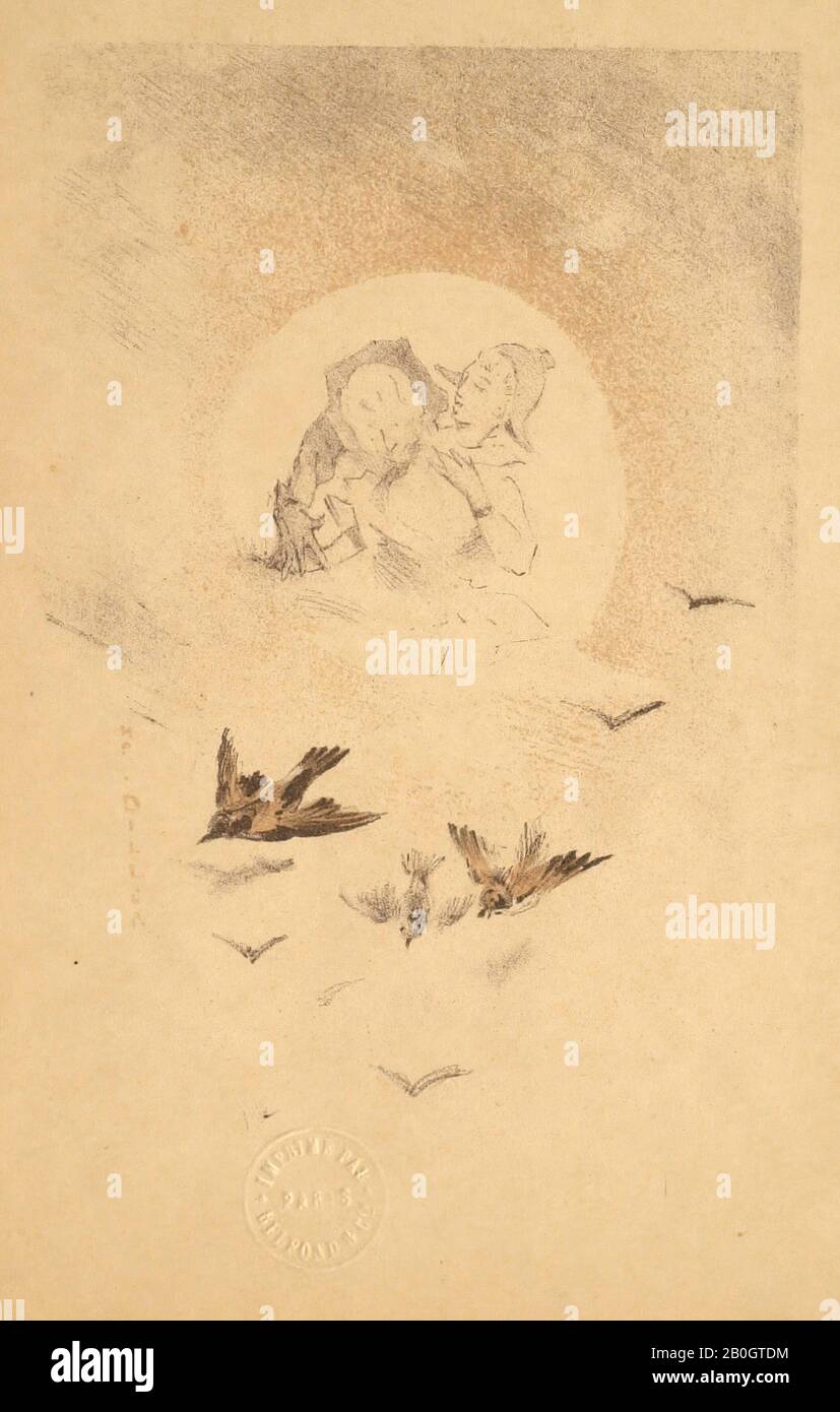 Henri Patrice Dillon, Französisch, 155-10, Femme et home en buste au-dessus d'une volée d'oiseaux, Farblithograph auf Papier, Bild: 5 1/2 x 3 7/8 Zoll. (14 x 9,8 cm Stockfoto