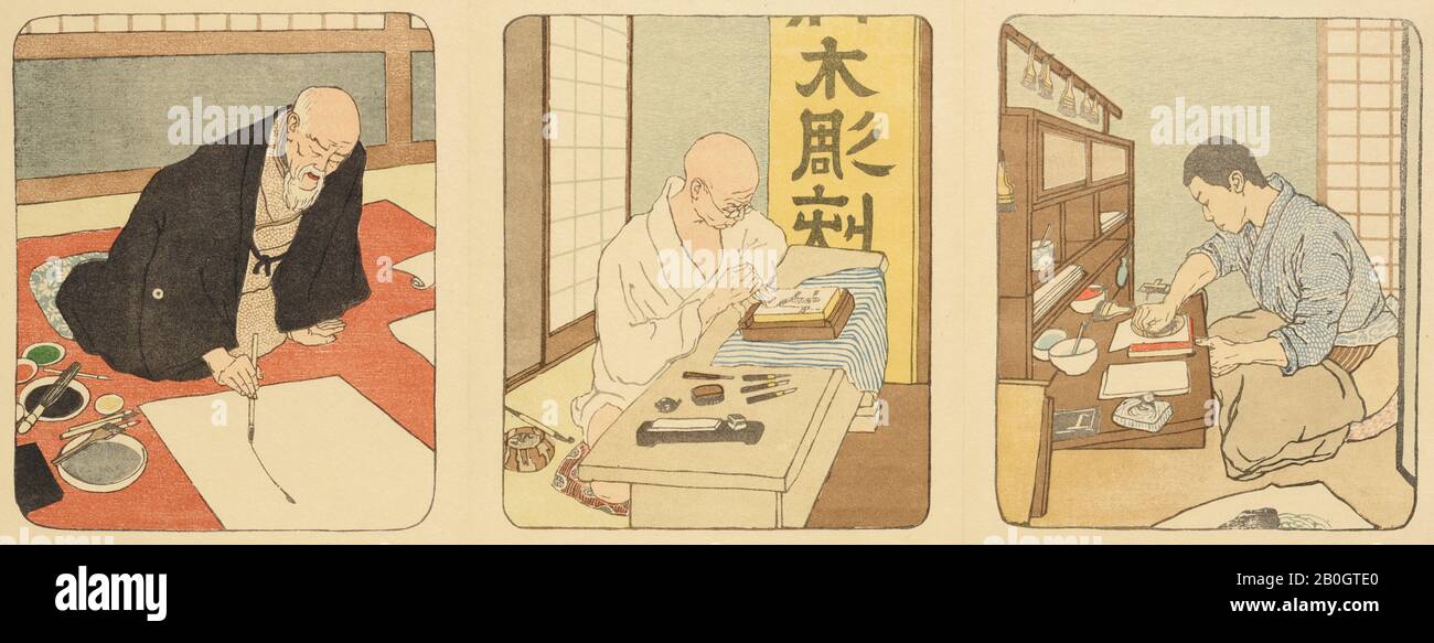 Emil-Orlik, deutsch 1870-1932, tschechischer Herkunft, Triptychon: Der Zeichner, Der Holzfäller, Der Drucker, c 1900, Holzschnitt auf Papier, Bild: 6 1/4 x 7 5/8 Zoll (15,8 x 19,3 cm Stockfoto