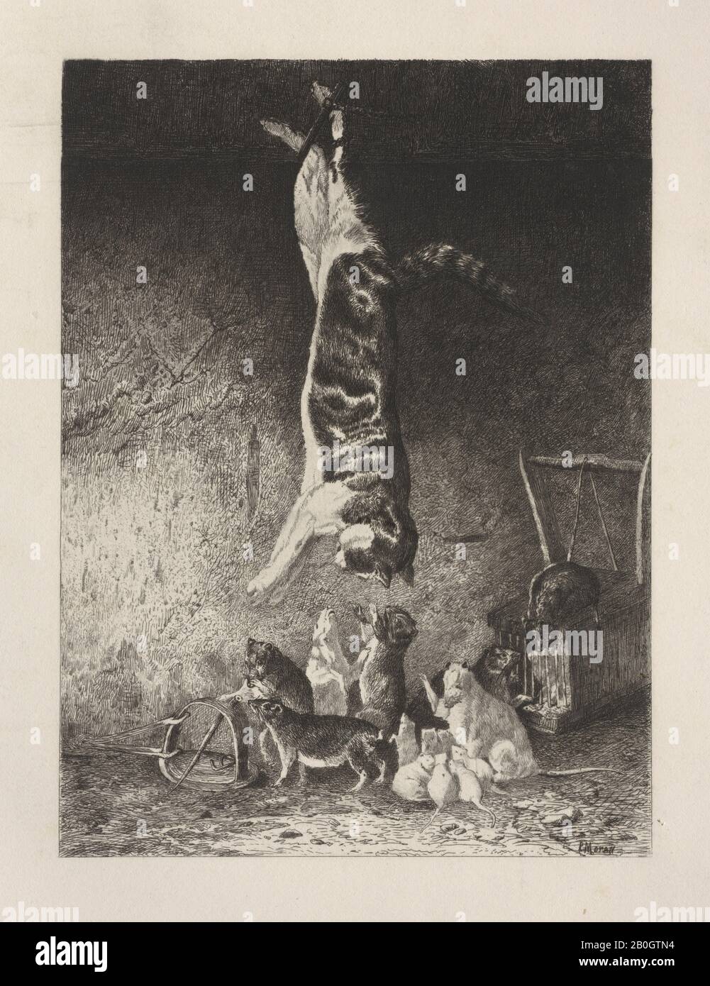 Peter Moran, amerikanisch, 181-1914, Nach Bernard de Gempt, (niederländisch, 1826-1879), Ratten Hanging Cat, Radierung auf Papier, Bild: 8 3/16 x 6 1/8 Zoll. (20,8 x 15,5 cm Stockfoto