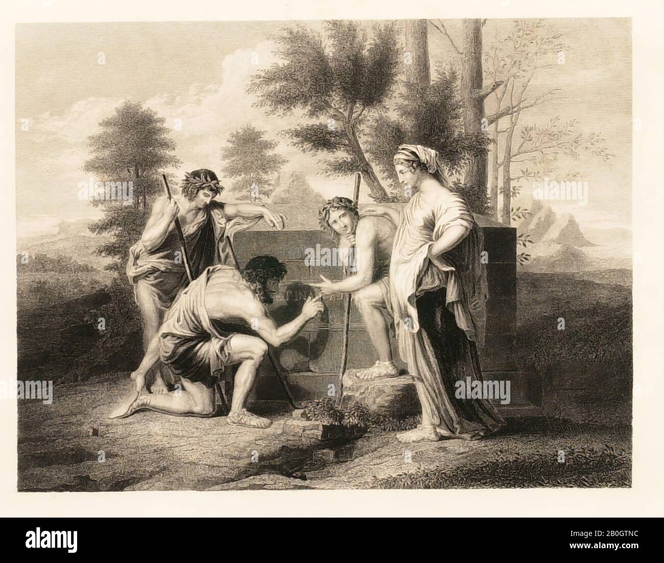 Nach Nicolas Poussin, Französisch, 1594-1665, aktiv in Italien, Et in Arcadia Ego, 19. Jahrhundert, Stahlgravur auf Chinakollé, Bild: 6 5/8 x 8 11/16 Zoll. (16,9 x 22,1 cm Stockfoto