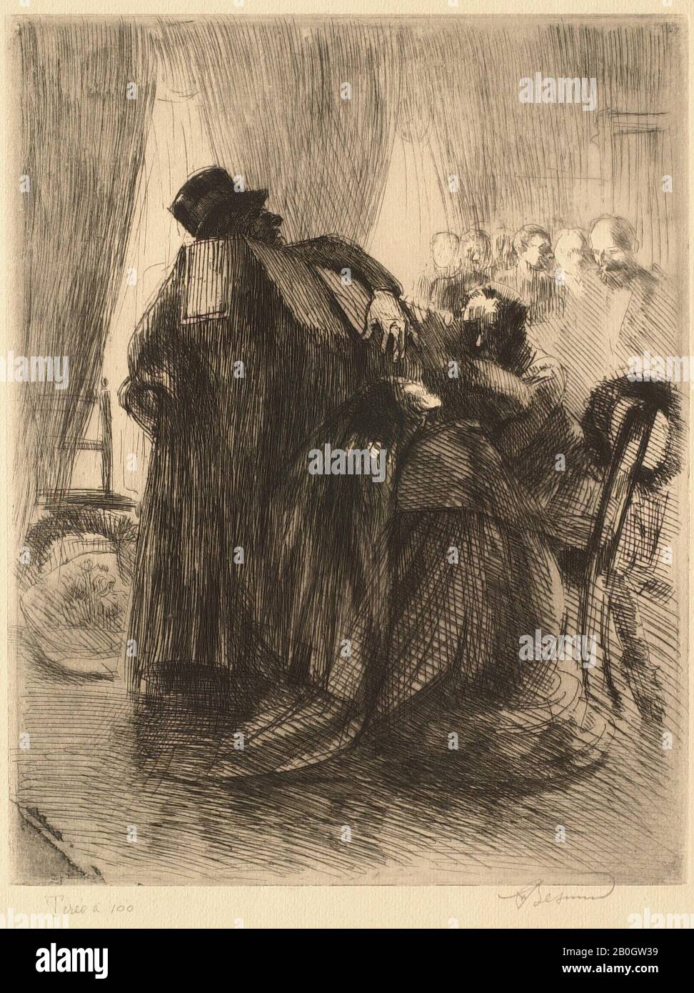 Albert Besnard, Französisch, 1849-1934, Deuil (Beruhigung), 1885-87, Radierung und Trockenpunkt auf verlegtem Papier, Bild: 12 3/8 x 9 11/16 Zoll. (31,5 x 24,6 cm Stockfoto