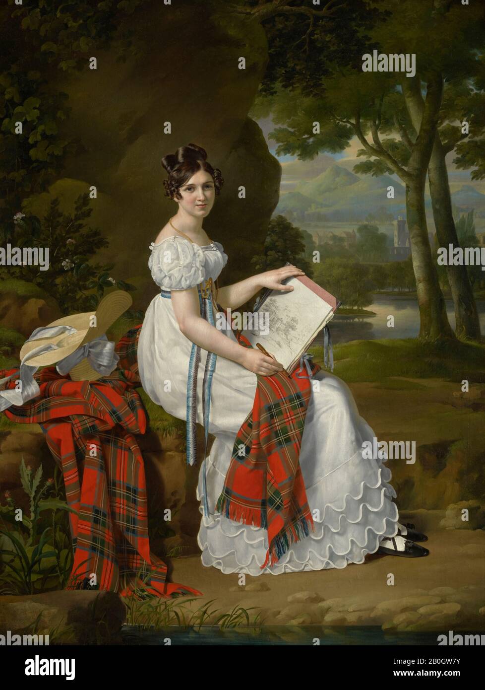 Barthélemy Vieillevoye, Belgier, 177-1855, Frau Sketching in einer Landschaft, ca. 1830, Öl auf Leinwand, 51 9/16 x 38 9/16 Zoll (131 x 98 cm Stockfoto