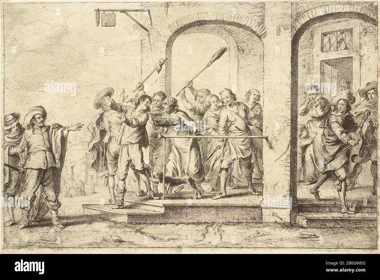 Jan Baptiste de Wael II., flämisch, 1639-nach 1669, Cornelis de Wael, (flämisch, 1592-1667), Der aus der Tavern Vertriebene Sohn, 1658, Radierung auf verlegtem Papier, Platte: 7 11/16 x 11 7/8 Zoll (19,5 x 30,1 cm Stockfoto