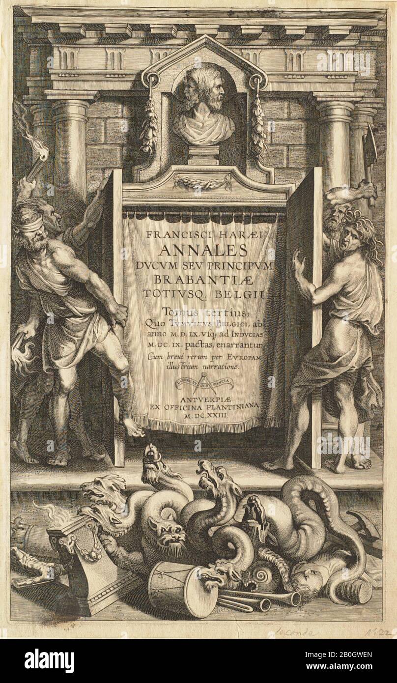 Cornelis Galle I, flämisch, 1576-1650, Nach Peter Paul Rubens, (flämisch, 1577-1640), Frontispiece für F. van Haer, Annales Ducum Su Principum Bravantiae Titiusque Belgii,..., 1623, Gravur auf Papier, Bild: 11 15/16 x 7 7/16 Zoll (30,4 x 18,9 cm Stockfoto