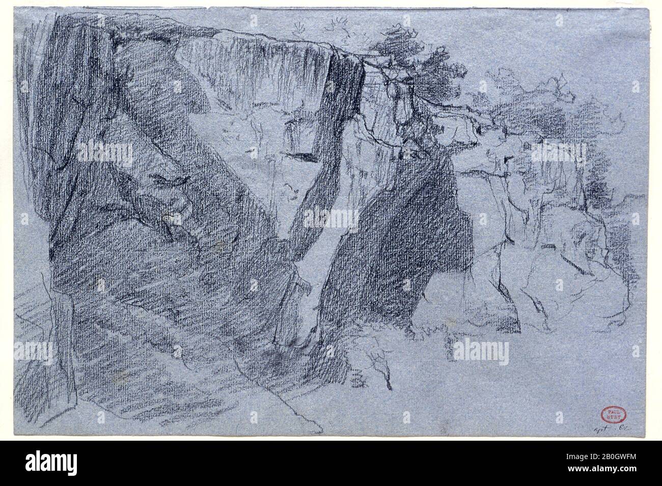 Paul Huet, Französisch, 165-1869, Landschaft mit Klippe, 232, schwarze Kreide auf blauem Papier, Gesamt: 8 9/16 x 12 5/8 Zoll. (21,8 x 32,1 cm Stockfoto