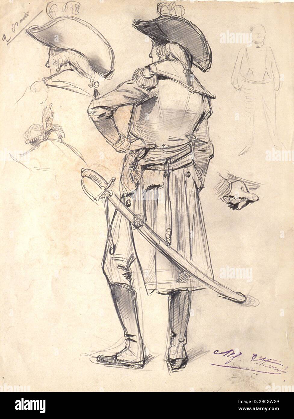 Alfred Stevens, Belgier, 1823-1906, Blatt für Studien mit einem General der französischen Revolution, c 1890, Bleistift auf Buft-Wove-Papier, Gesamt: 12 1/2 x 9 11/16 Zoll (31,8 x 24,6 cm Stockfoto