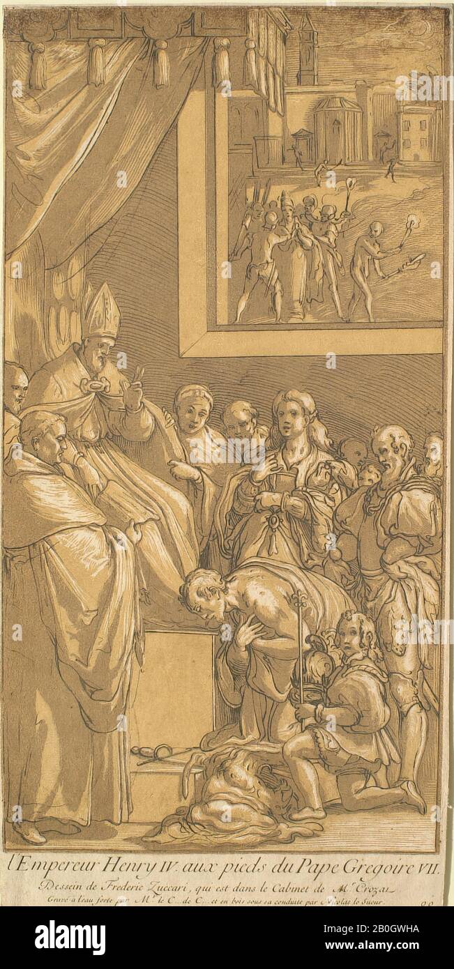 Nicolas Le Sueur, französisch, 1691-1764, Nach Federico Zuccaro, (italienisch, ca. 1541-1609), Kaiser Heinrich IV. Zu Füßen von Papst Gregor VII., 1729, Geätzter Linienblock und zweifarbige Holzblöcke auf verlegtem Papier, Bild: 16 1/8 x 8 1/2 Zoll. (41 x 21,6 cm Stockfoto