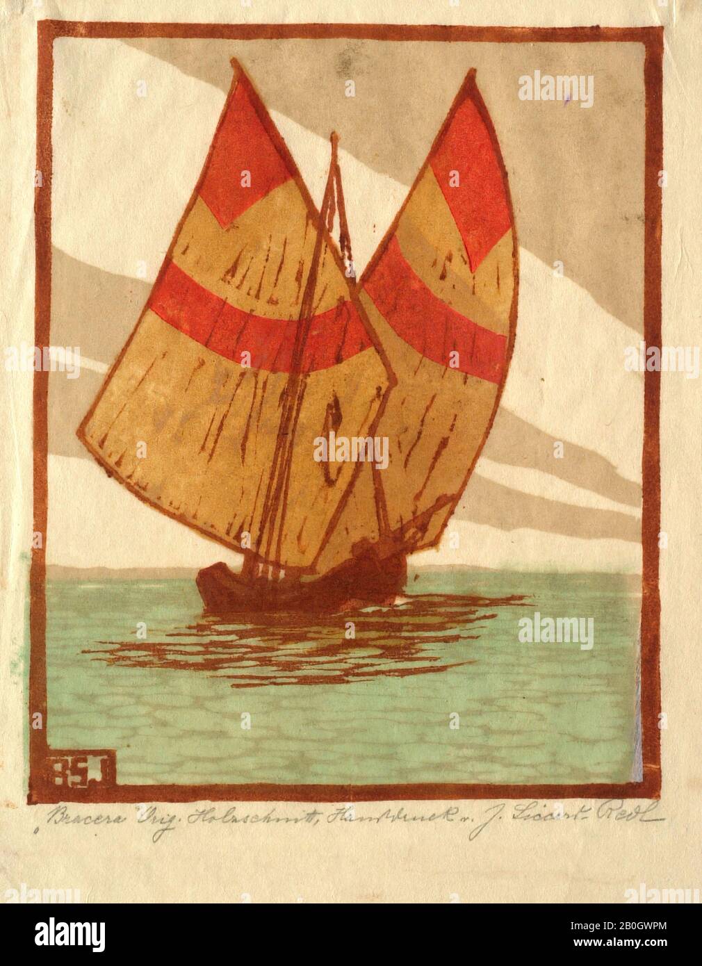 J. Siccart-Redl, Österreich, erste Hälfte des 20. Jahrhunderts, Bracera, Farbholzschnitt auf Taubenpapier, Bild: 9 1/16 x 7 5/16 Zoll (23 x 18,6 cm Stockfoto