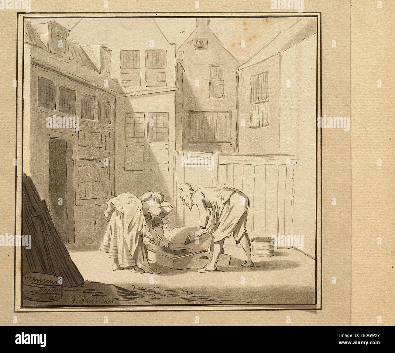Cornelis Ploos van Amstel, niederländisch, 1726-1708, Szene in einem Innenhof mit einem Mann und einer Frau, 1736-1798, Aquatint auf verlegtem Papier, Blatt: 6 1/16 x 6 3/16 Zoll. (15,4 x 15,7 cm Stockfoto