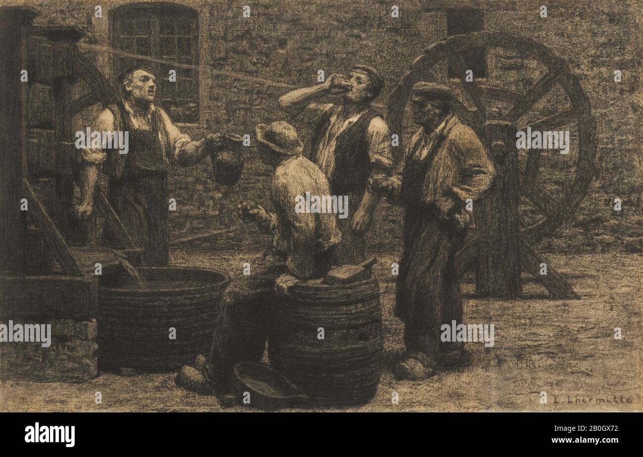 Léon-Augustin Lhermitte, Französisch, 1844-1925, Weinpresse, ca. 1872, schwarze Kreide mit Stolpern und Radieren auf beigefarbenem Papier, Stück, 11 15/16 x 18 3/4 Zoll. (30,4 x 47,7 cm Stockfoto
