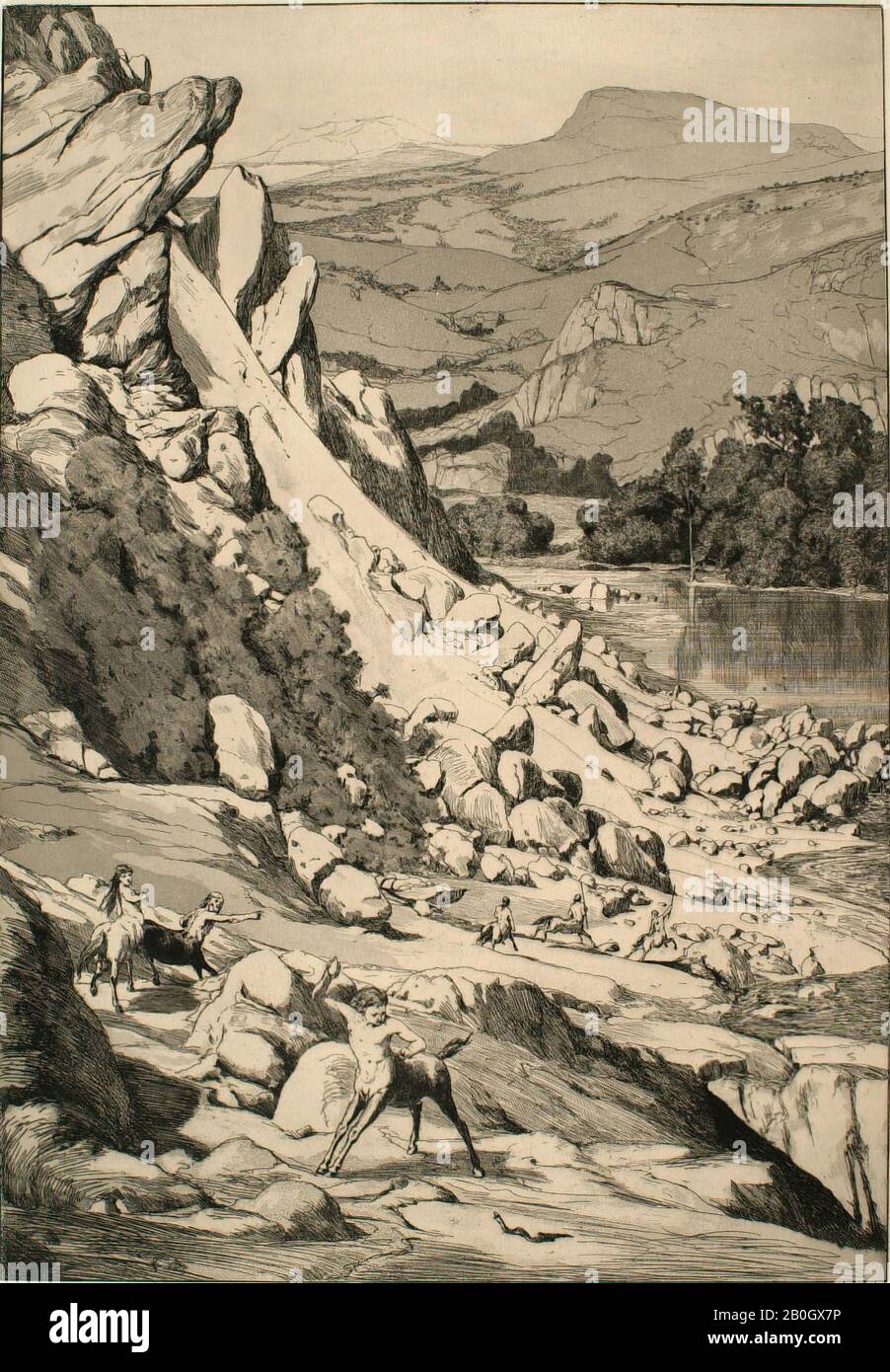 Max Klinger, deutsch, zwischen 1857 und 1920, Intermezzi, Opus IV, Bl. 6: Bergsturz (Erdrutsch), 1881, Ätzung und Aquatint auf Papier, Bild: 15 3/4 x 10 15/16 Zoll. (40 x 27,8 cm Stockfoto