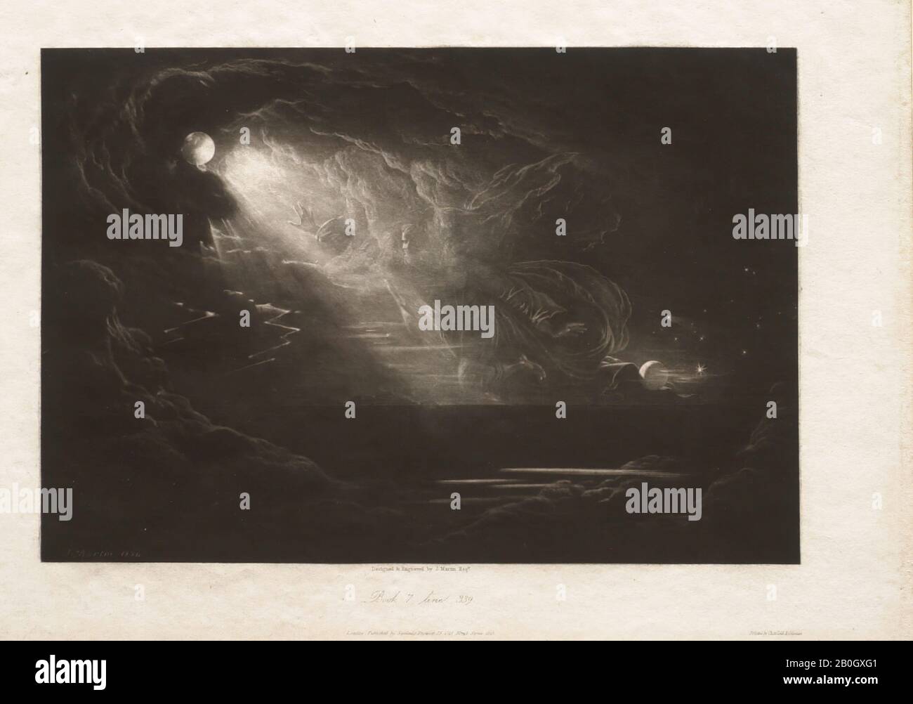 John Martin, Englisch, 1789-1854, The Creation of Light, Paradise Lost, Buch 7, Zeile 339, 188, Mezzotint auf Laid Paper, Bild: 7 1/2 x 10 15/16 Zoll. (19 x 27,8 cm Stockfoto