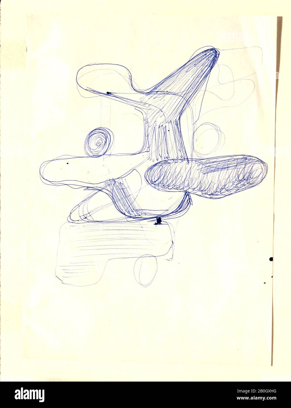 Unbekannte, abstrakte Abbildung, 20. Jahrhundert, blaue Kugelschreibertinte auf Papier, Gesamt: 8 1/16 x 11 1/8 Zoll (20,4 x 28,3 cm Stockfoto