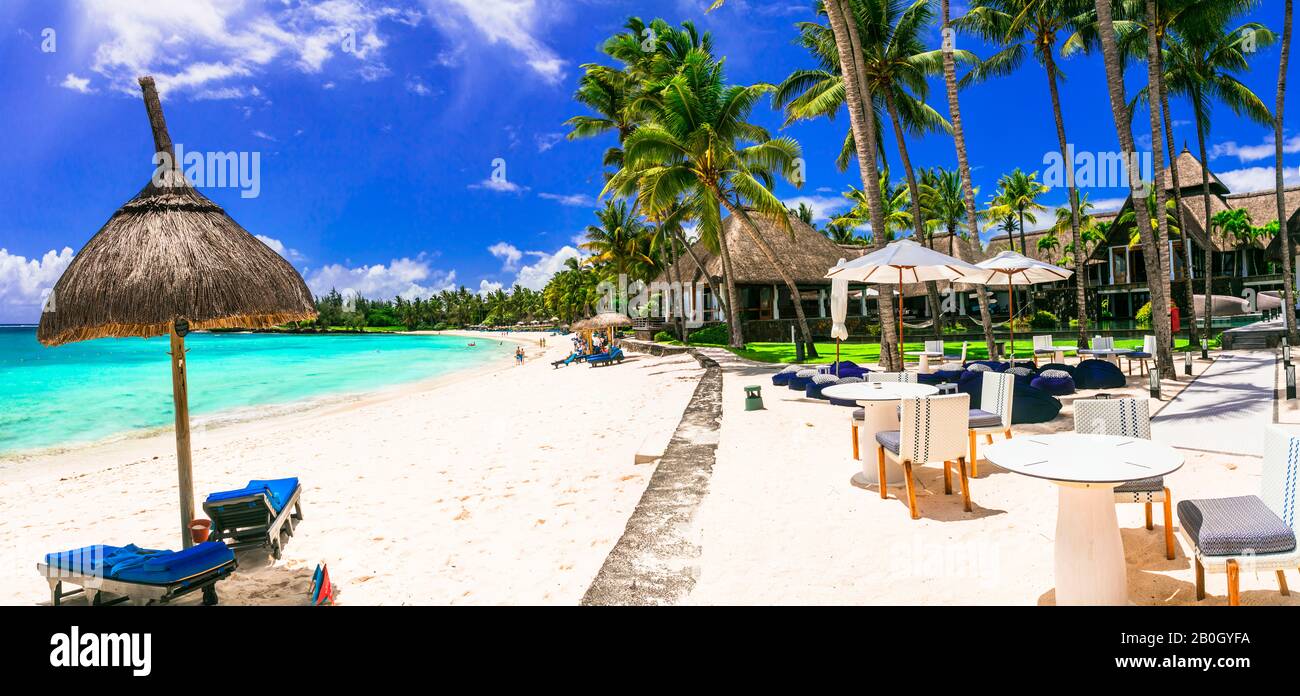 Luxusurlaub - Insel Mauritius. Herrliche Strandresorts im tropischen Paradies Stockfoto