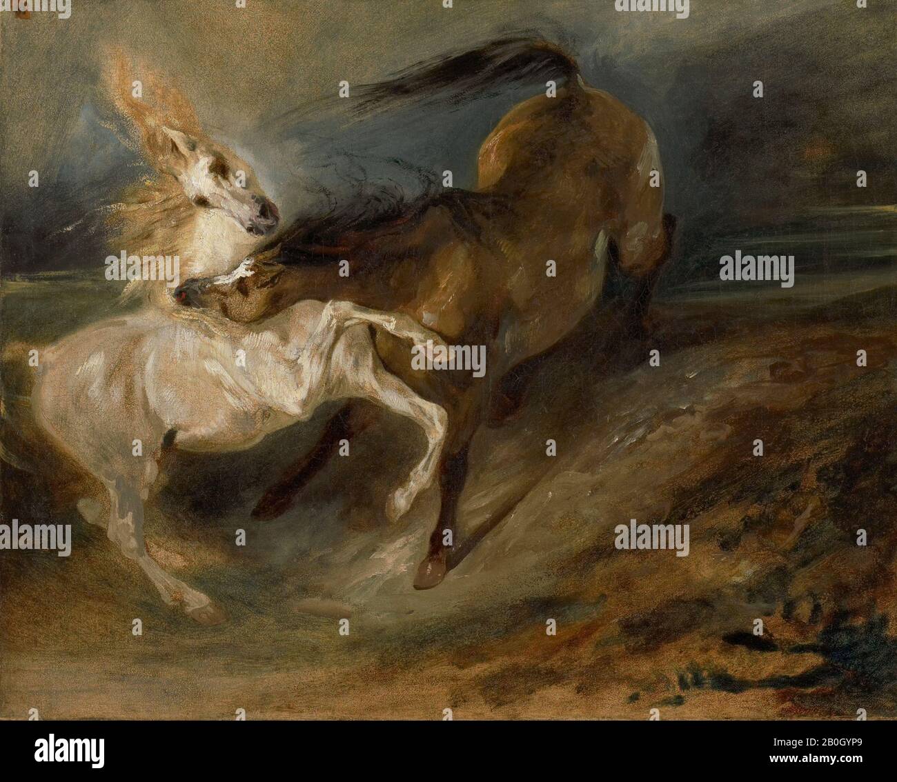 Ferdinand-Victor-Eugène Delacroix, französisch, von den Jahren von 177-1863, Zwei Pferde, Die In einer Stürmischen Landschaft kämpfen, c 188, Öl auf Leinwand, 14 1/2 x 18 1/16 Zoll (36,8 x 45,9 cm Stockfoto