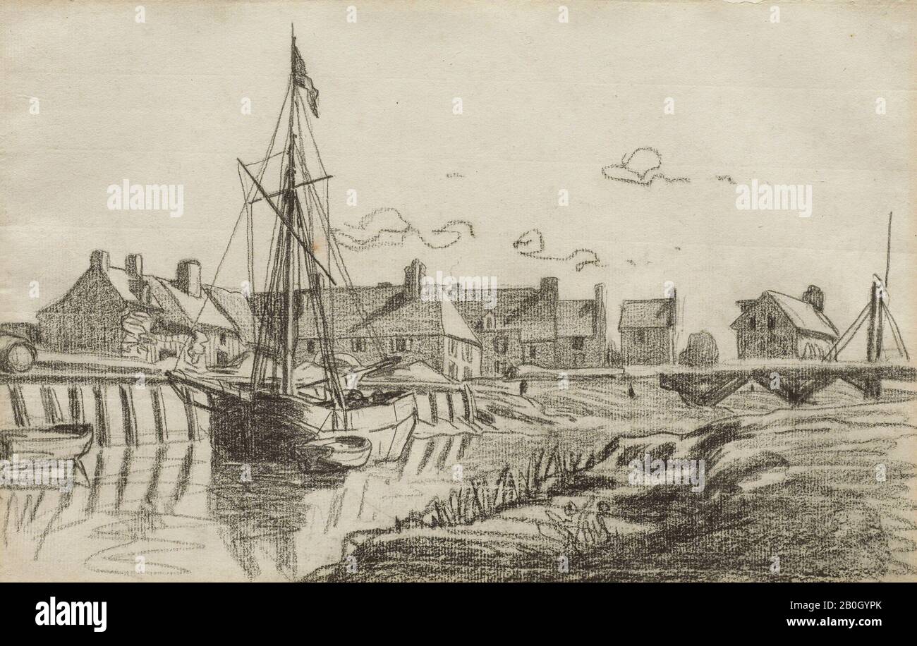 Claude Monet, Französisch, zwischen 1840 und 1926, Der Hafen von Touques, ca. 1864, schwarze Kreide auf blauem, weiß gelegten Papier, 8 1/4 x 13 Zoll. (21 x 33 cm Stockfoto