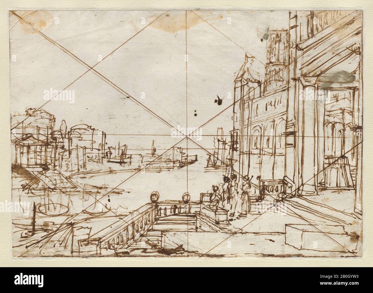 Claude Lorrain, Französisch, 1604/5-1682, EINE Studie für einen Hafenbahnhof, ca. 1640-41, Stift und braune Tinte, mit perspektivem Stift und diagonaler, auf cremefarbenem Papier quadratischer Tinte, Gesamt: 7 3/16 x 10 3/16 Zoll (18,2 x 25,9 cm Stockfoto