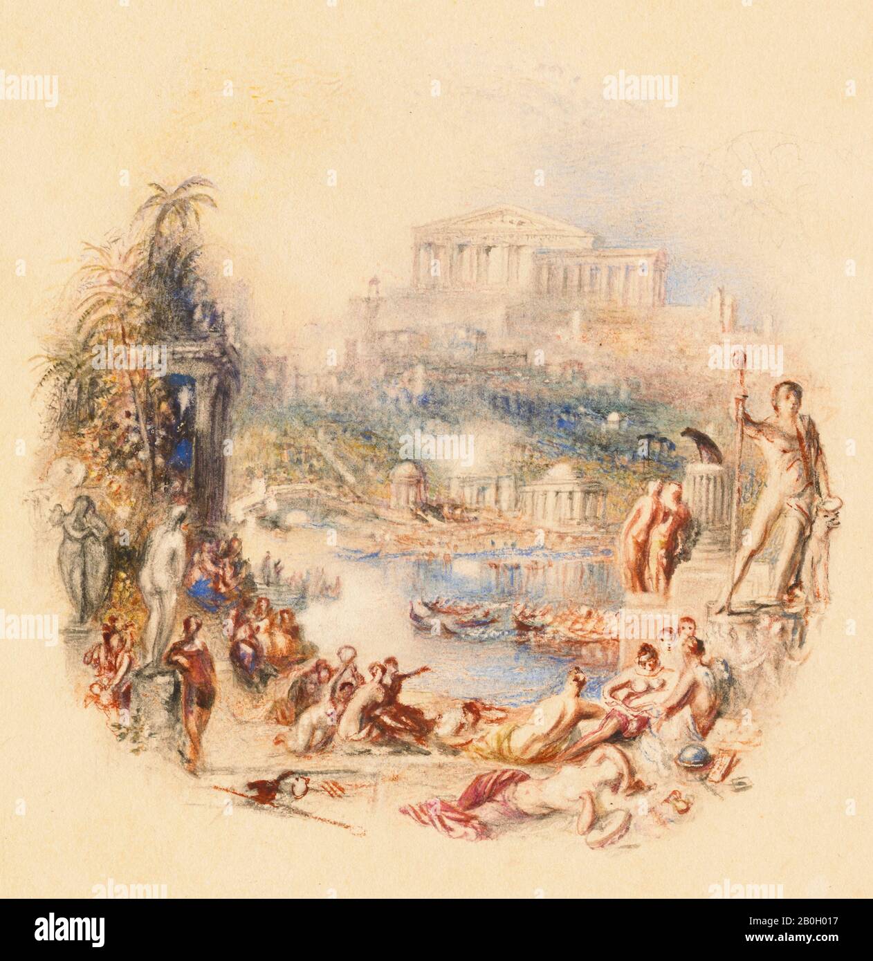 Joseph Mallord William Turner, Englisch, 1775-1851, The Garden: Eine Illustration zu Thomas Moores 'The Epicurean', c 187-39, Aquarell über Graphit, mit Schaben, auf cremefarbenem Taubpapier, Blatt: 7 3/8 x 5 7/8 Zoll (18,7 x 14,9 cm Stockfoto