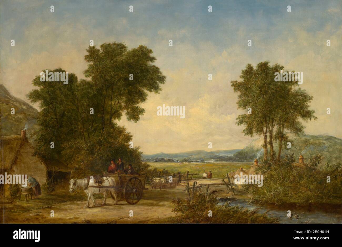 Alfred Vickers, Englisch, zwischen 17117-1865, Bewaldete Landschaft Mit Figuren in einem Karre, ca. 1855, Öl auf Leinwand, 24 7/8 x 36 3/4 Zoll (63,2 x 93,3 cm Stockfoto