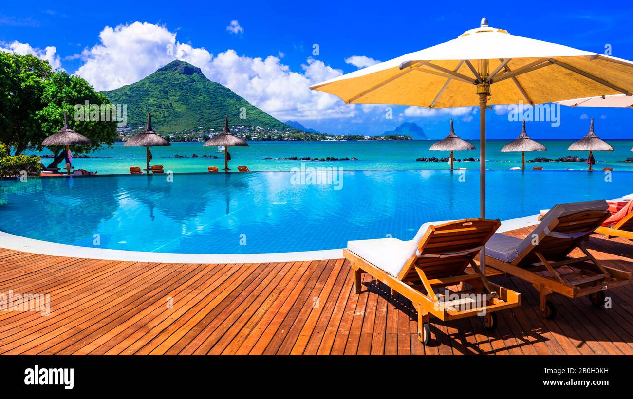 Wunderschöne Insel von Mauritius mit wunderschönen Stränden und luxuriösen Resorts. Flic en Flac Strand Stockfoto