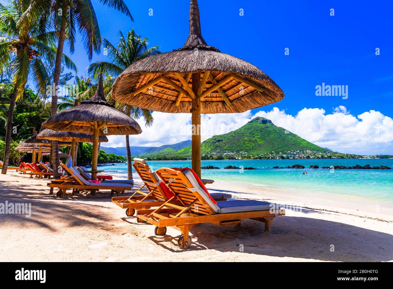 Wunderschöne Insel von Mauritius mit wunderschönen Stränden und luxuriösen Resorts. Flic en Flac Strand Stockfoto