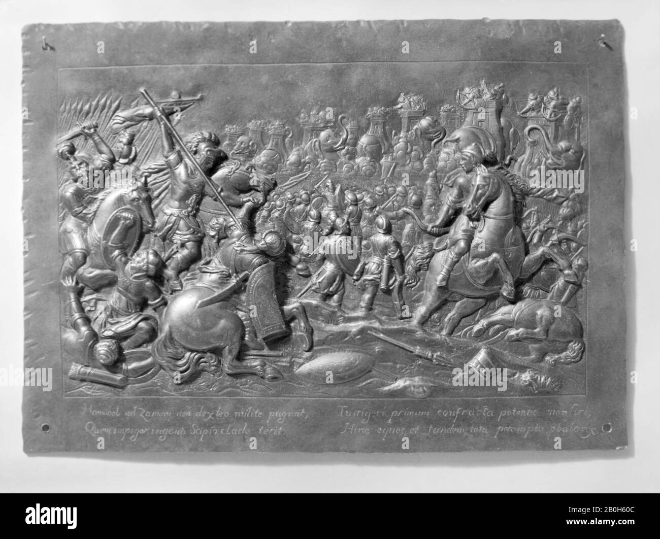 Szenen aus der Schlacht von Zama, möglicherweise Französisch, 17. Jahrhundert, möglicherweise Französisch, Eisen, 7 × 9 3/4 Zoll. (17,8 × 24,8 cm), Medaillen und Plaketten Stockfoto
