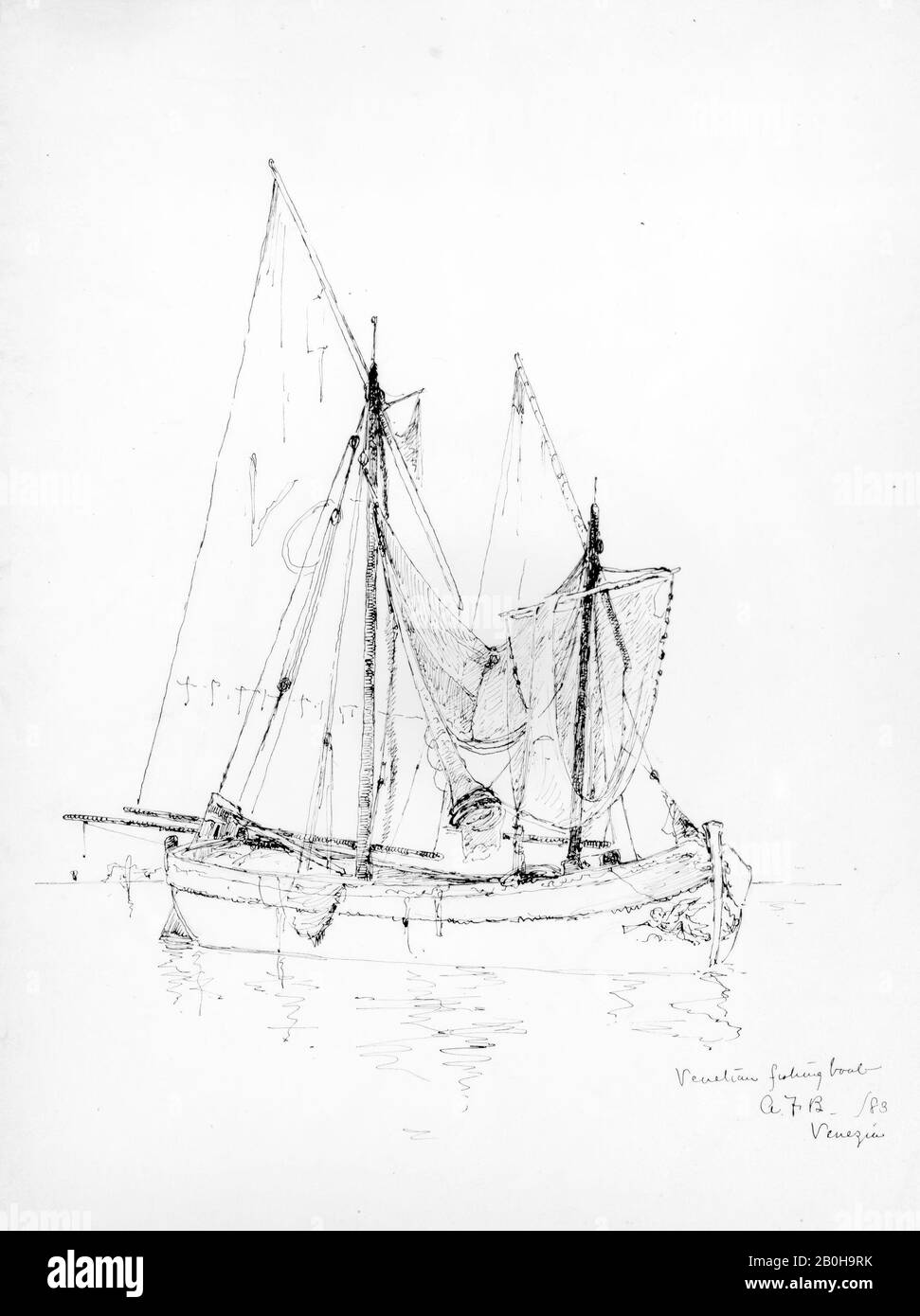 Andrew Fisher Bunner, Venetian Fishing Boat, Venice, American, Andrew Fisher Bunner (53-1897), 1883, American, Black Ink and Graphit Traces on off-White Wove Paper, 12 15/16 x 9 3/4 in. (32,9 x 24,8 cm), Zeichnungen Stockfoto