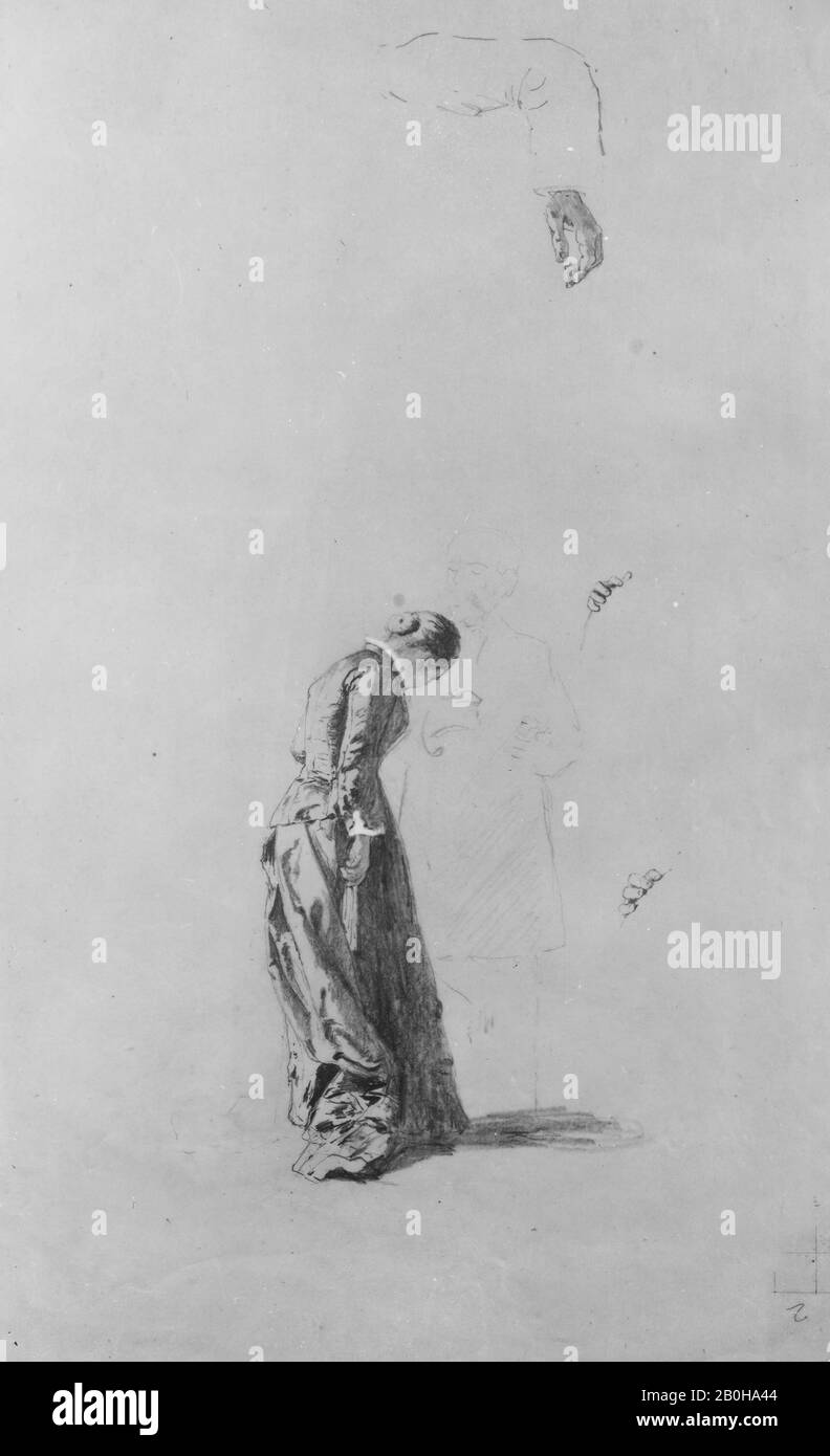 Thomas Hovenden, Standing Woman with Man in Outline, American, Thomas Hovenden (American (Born Ireland), Dunmanway, 1051-675 Plymouth Meeting, Pennsylvania), American, Graphite and White Gouache on Tan Wove Paper, 17 3/4 x 11 3/4 in. (45,1 x 29,8 cm), Zeichnungen Stockfoto