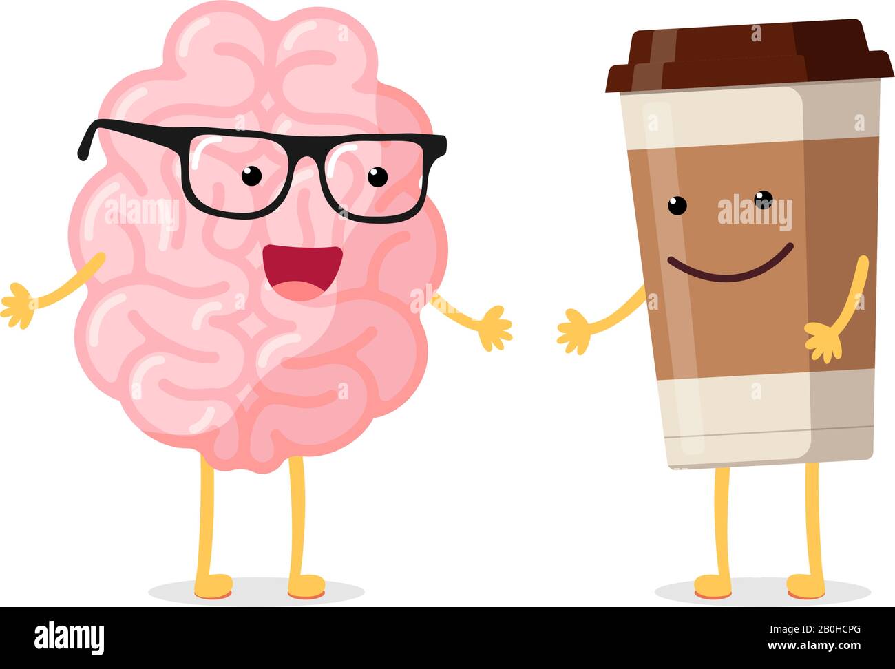 Cartoon smart glücklich lächelnd menschlichen Gehirn mit Gläsern und Tasse heißen Getränk Kaffee Charakter. Zentrale Nervensystem Organ aufwachen Guten Morgen lustiges Konzept. Vektorgrafik für flache eps Stock Vektor
